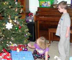 Our grandchildren stand near the tree & and presents, with great wonderment!